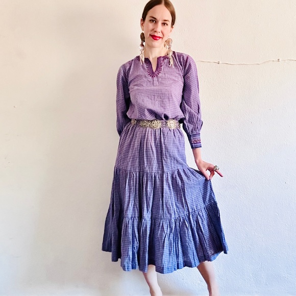 80s VTG Cotton Purple Plaid Mexican Indian Embroidered Skirt Folk Art Skirt Set - Picture 11 of 16